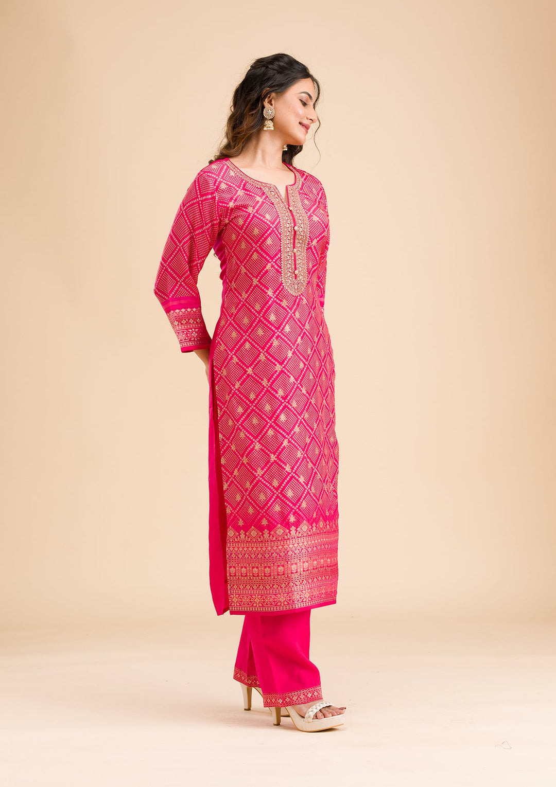 Rani Pink Zariwork Semi Crepe Readymade Salwar Kameez-Koskii