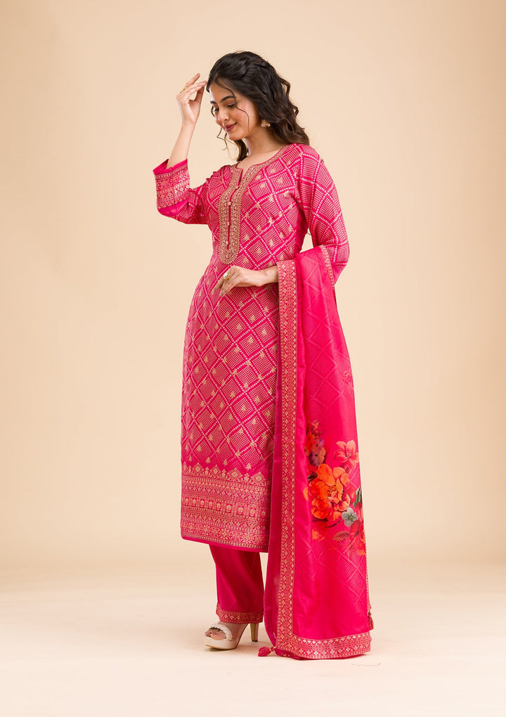 Rani Pink Zariwork Semi Crepe Readymade Salwar Kameez-Koskii