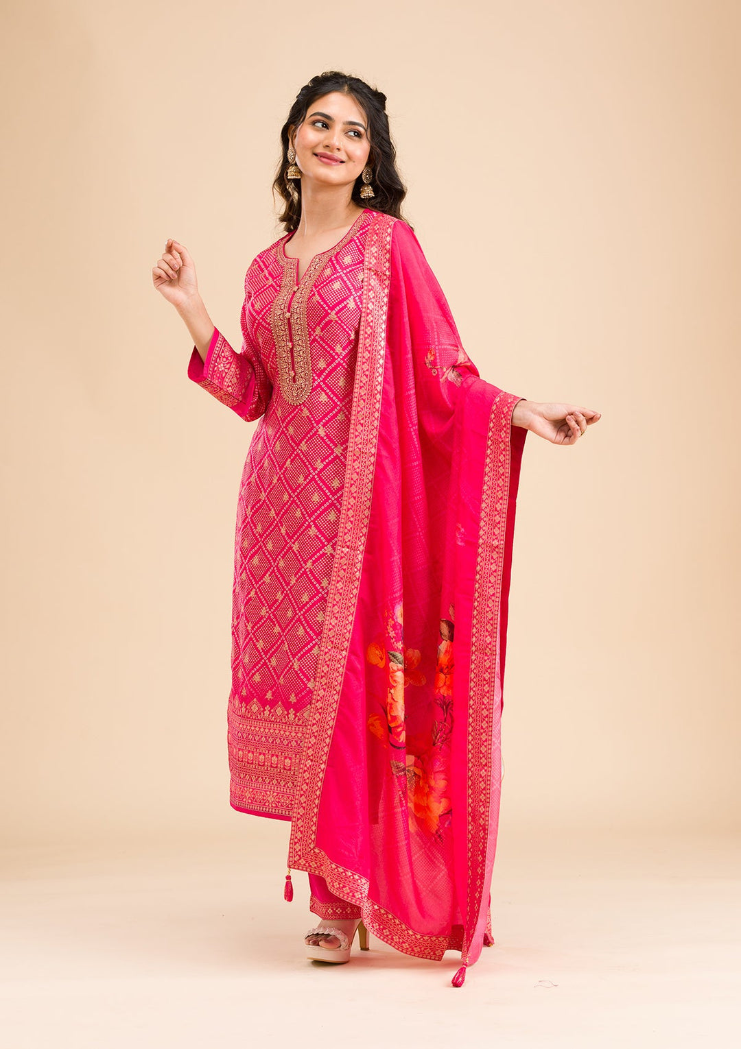 Rani Pink Zariwork Semi Crepe Readymade Salwar Kameez-Koskii