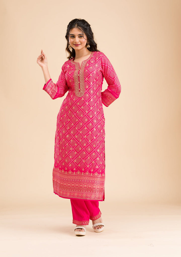 Rani Pink Zariwork Semi Crepe Readymade Salwar Kameez-Koskii