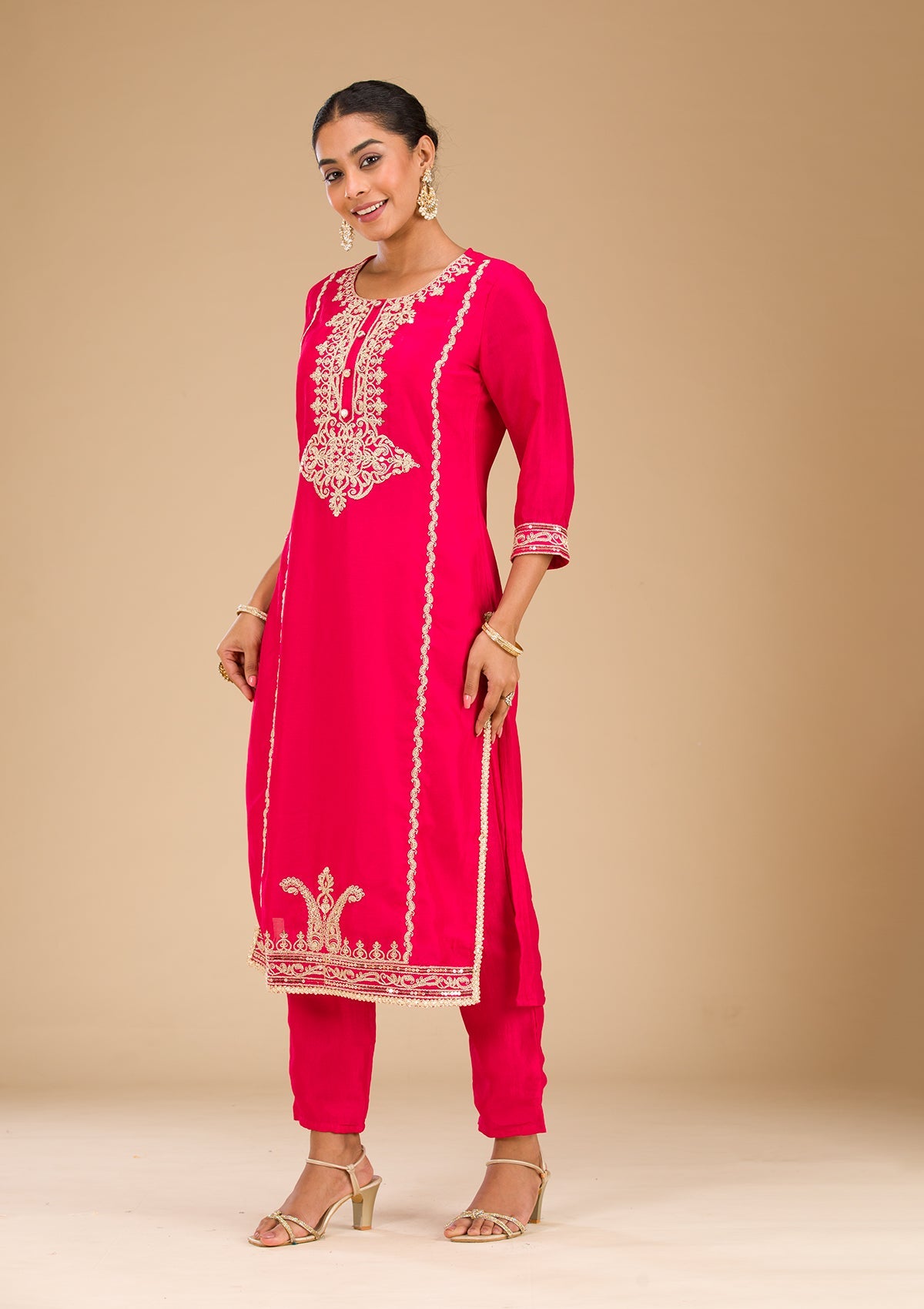 Rani Pink Zariwork Semi Crepe Readymade Salwar Suit-Koskii