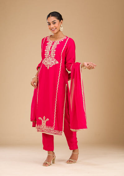 Rani Pink Zariwork Semi Crepe Readymade Salwar Suit-Koskii