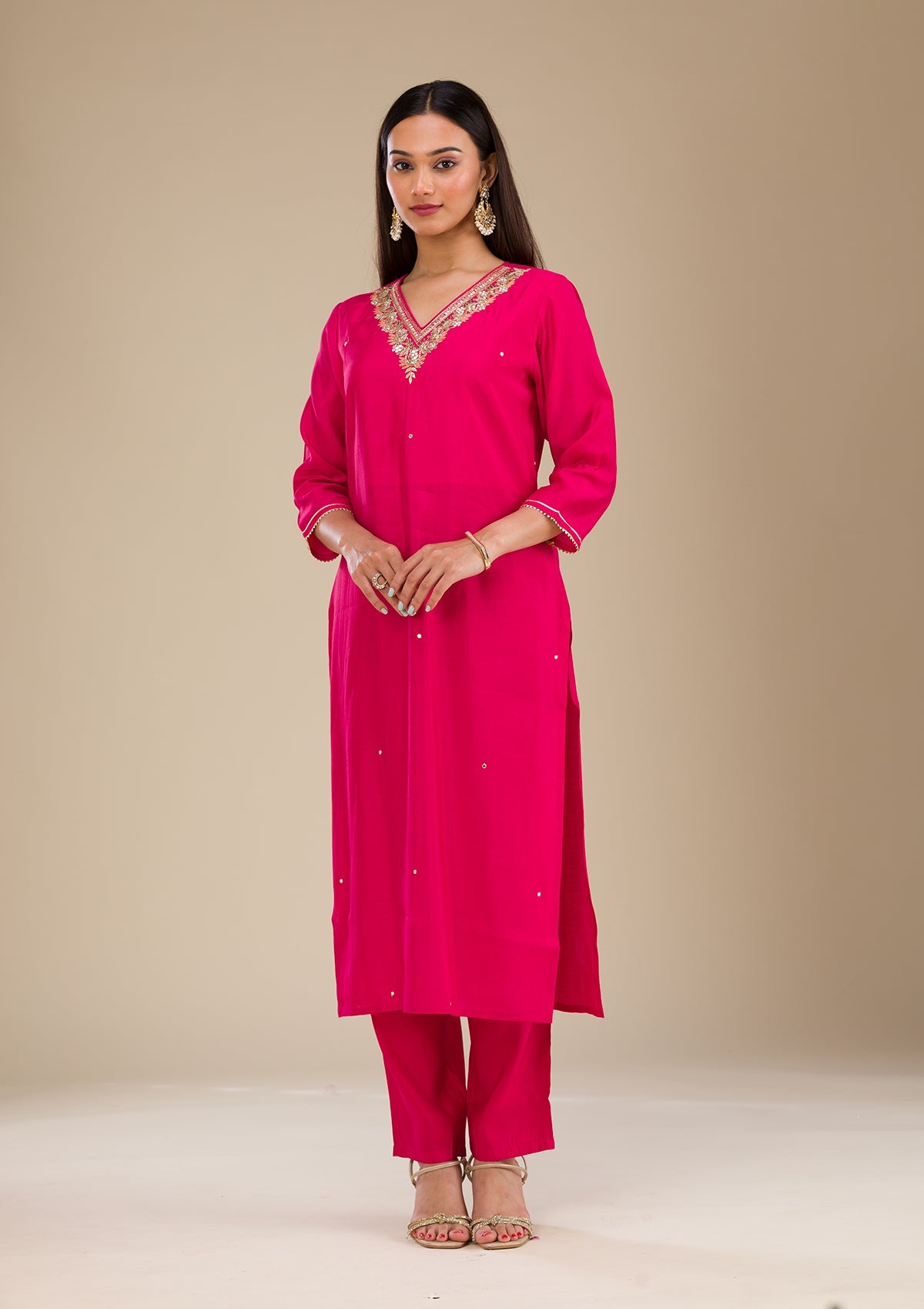 Rani Pink Zariwork Semi Crepe Readymade Salwar Suit-Koskii