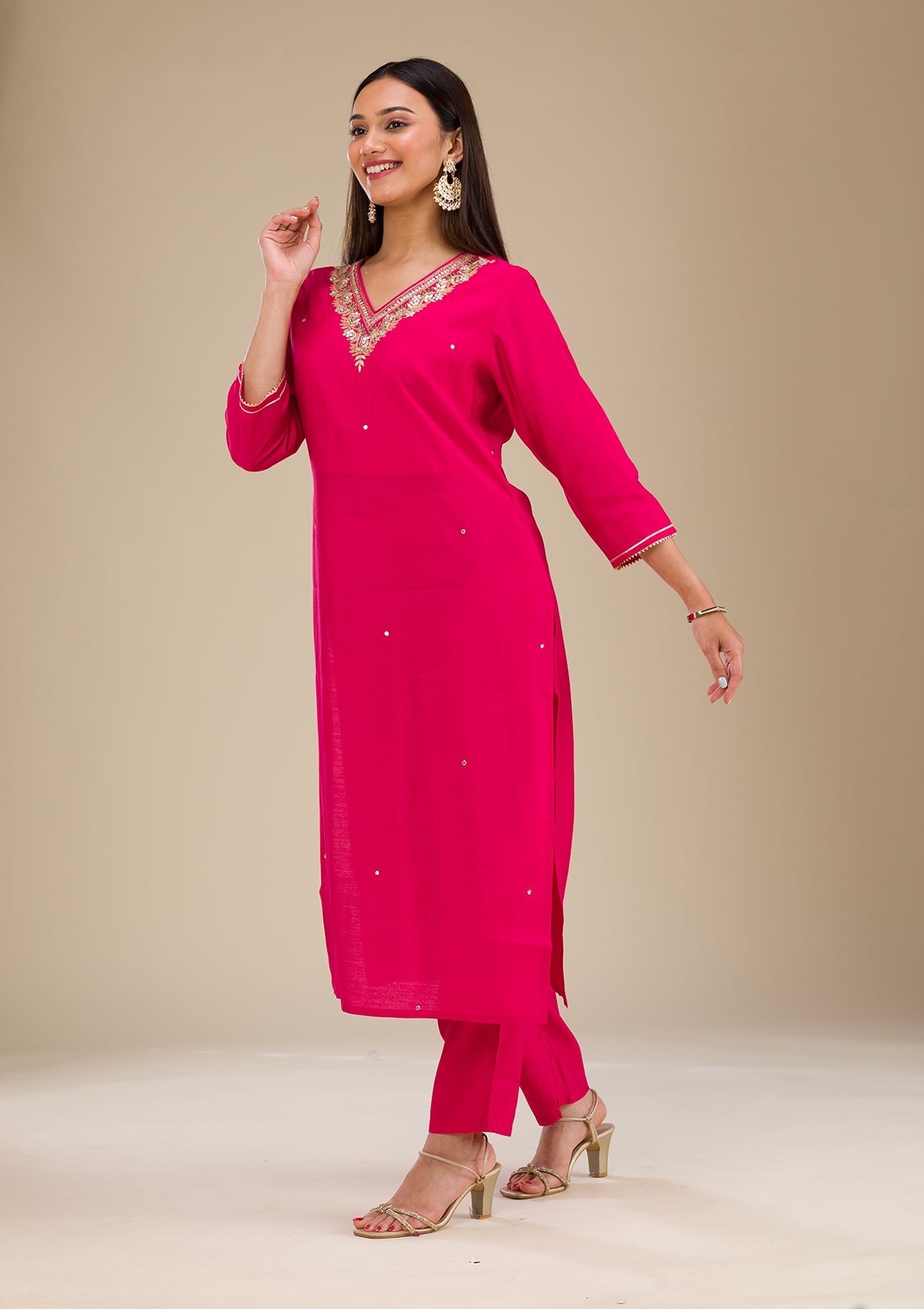 Rani Pink Zariwork Semi Crepe Readymade Salwar Suit-Koskii