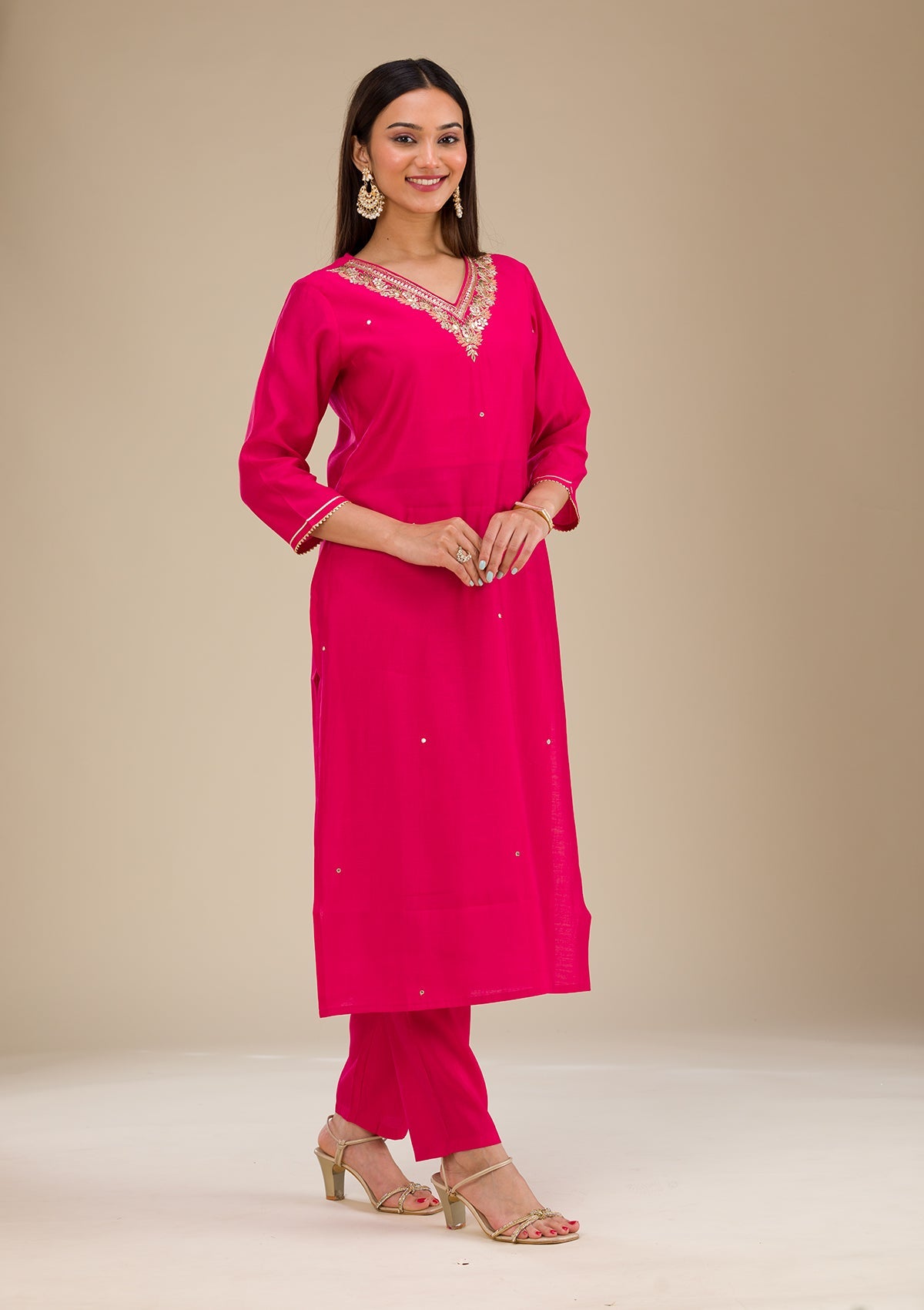 Rani Pink Zariwork Semi Crepe Readymade Salwar Suit-Koskii