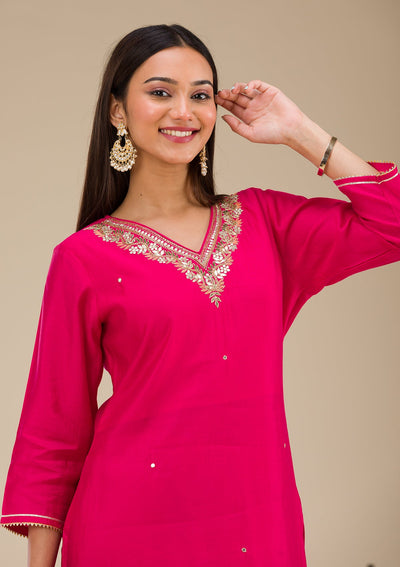 Rani Pink Zariwork Semi Crepe Readymade Salwar Suit-Koskii