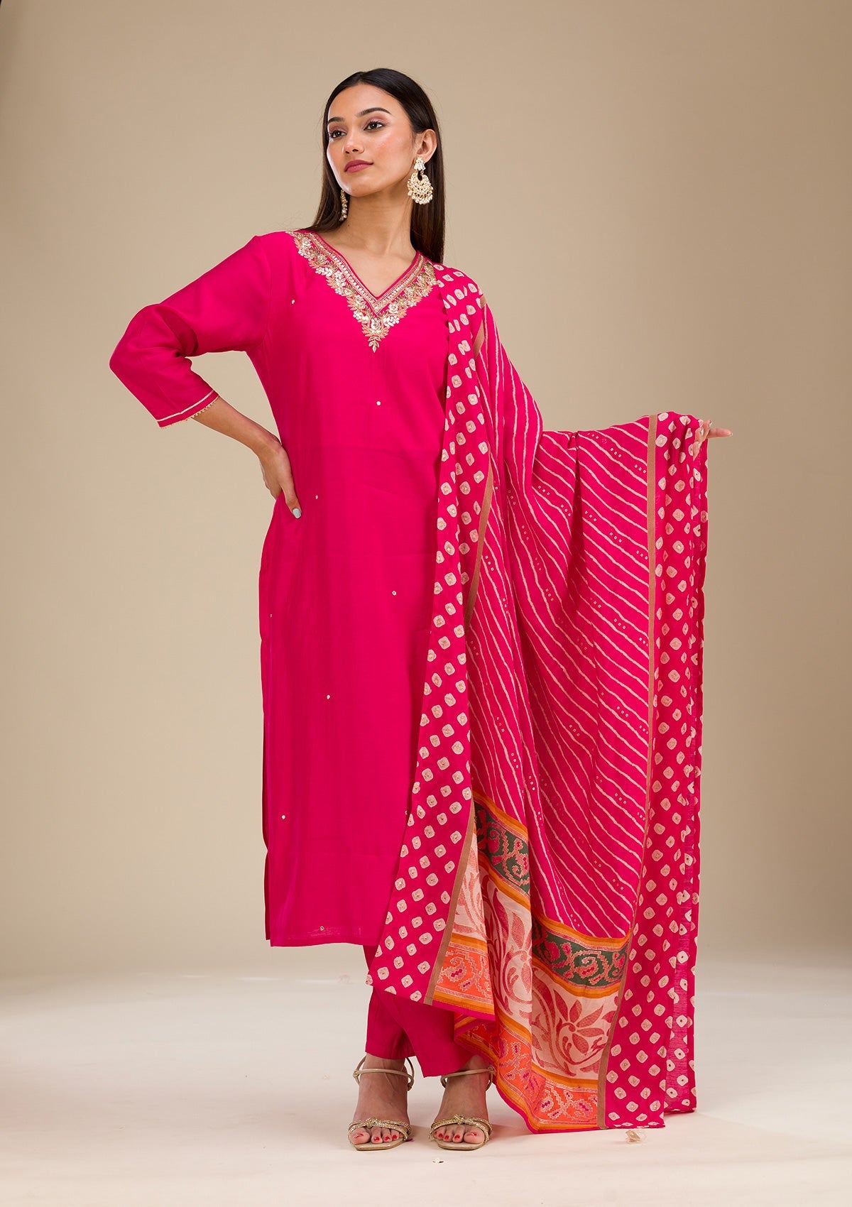 Rani Pink Zariwork Semi Crepe Readymade Salwar Suit-Koskii