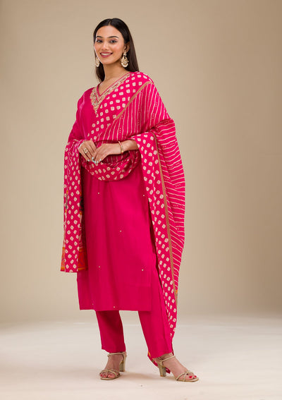 Rani Pink Zariwork Semi Crepe Readymade Salwar Suit-Koskii