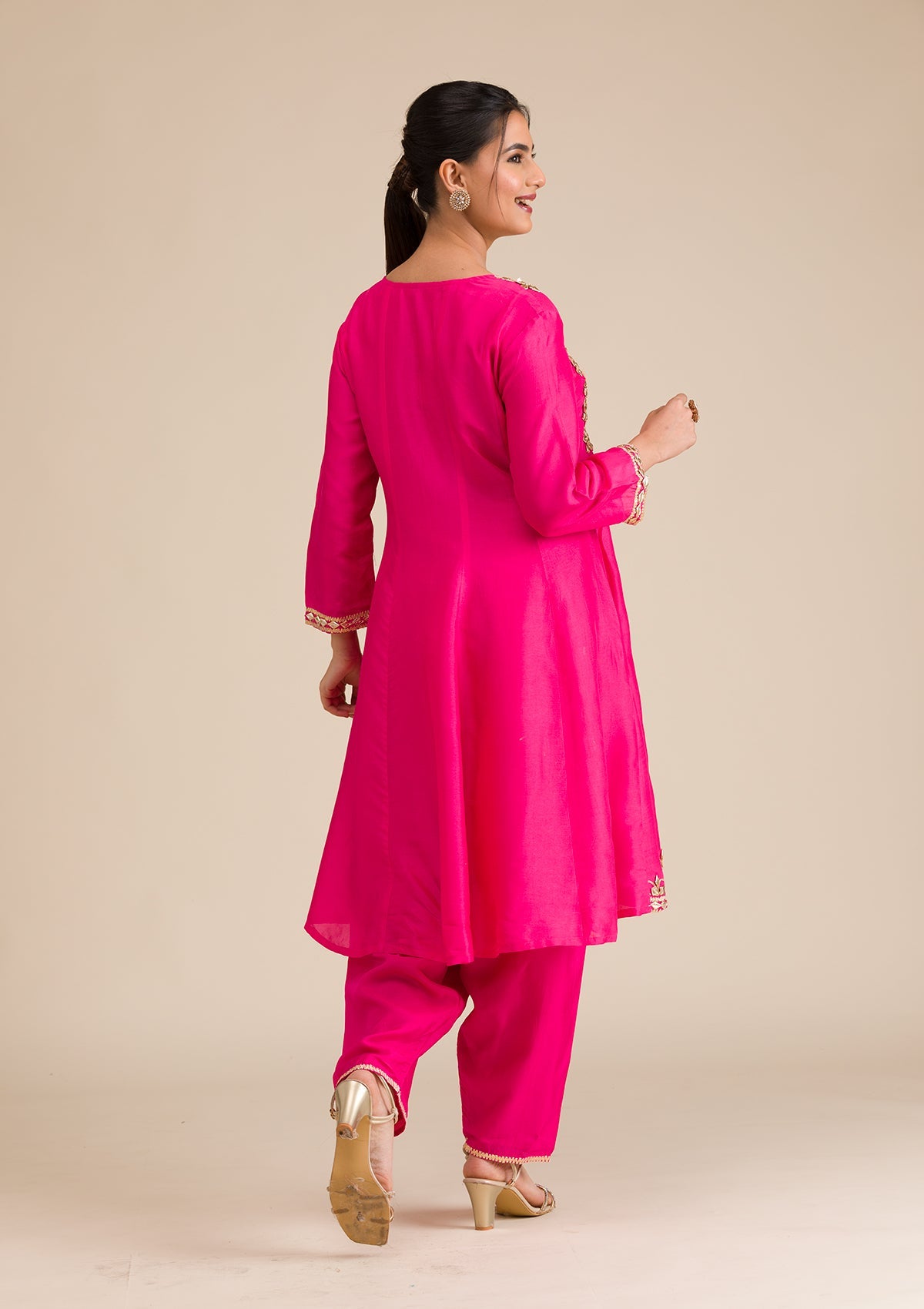 Rani Pink Zariwork Semi Crepe Readymade Salwar Suit-Koskii