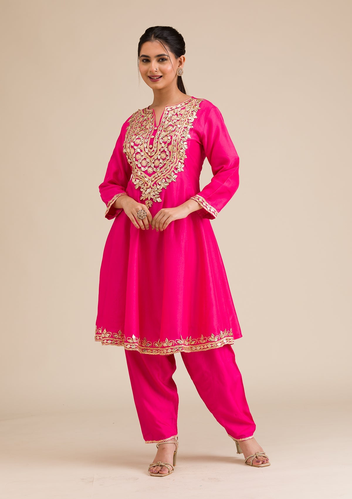 Rani Pink Zariwork Semi Crepe Readymade Salwar Suit-Koskii