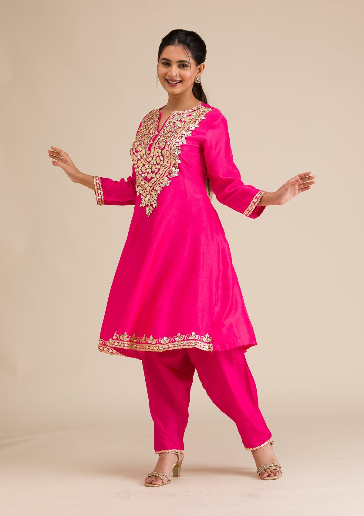 Rani Pink Zariwork Semi Crepe Readymade Salwar Suit-Koskii