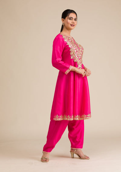 Rani Pink Zariwork Semi Crepe Readymade Salwar Suit-Koskii