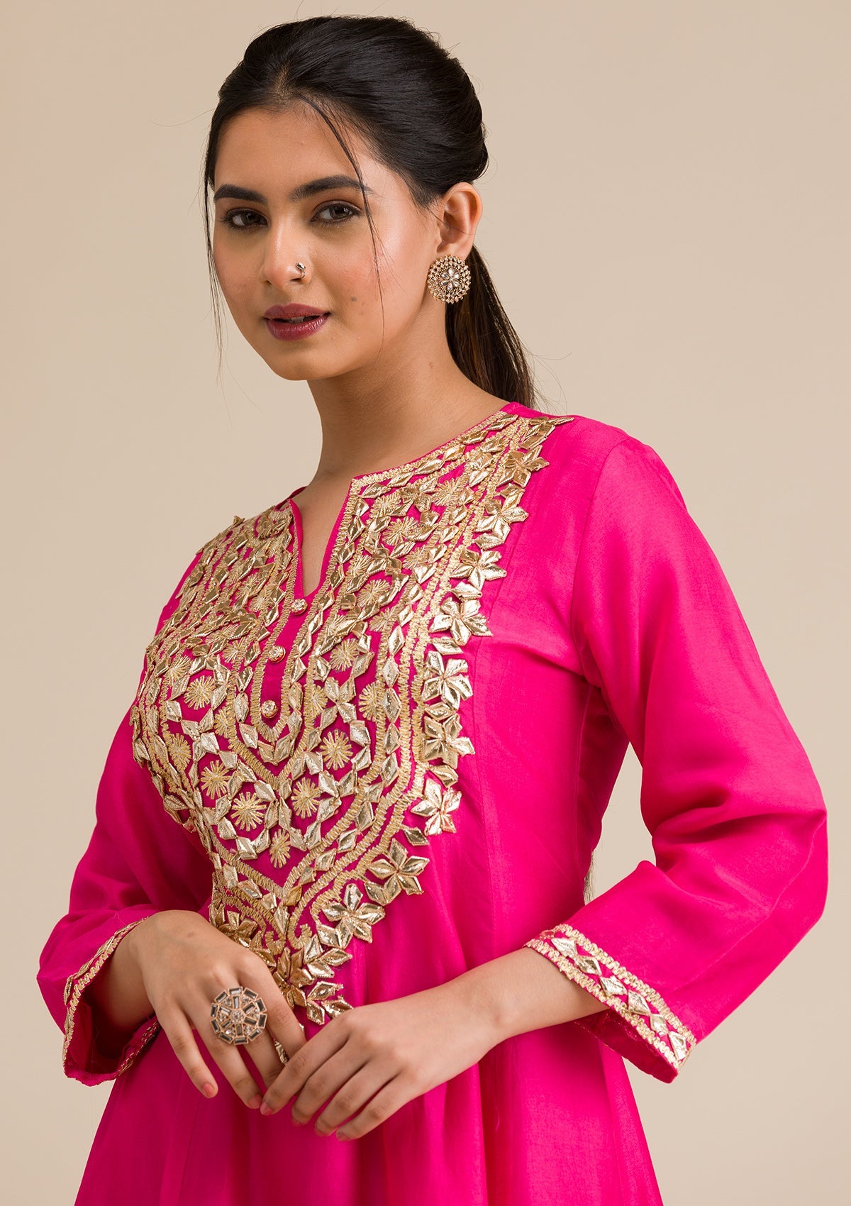 Rani Pink Zariwork Semi Crepe Readymade Salwar Suit-Koskii