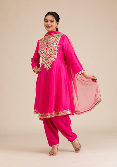 Rani Pink Zariwork Semi Crepe Readymade Salwar Suit-Koskii