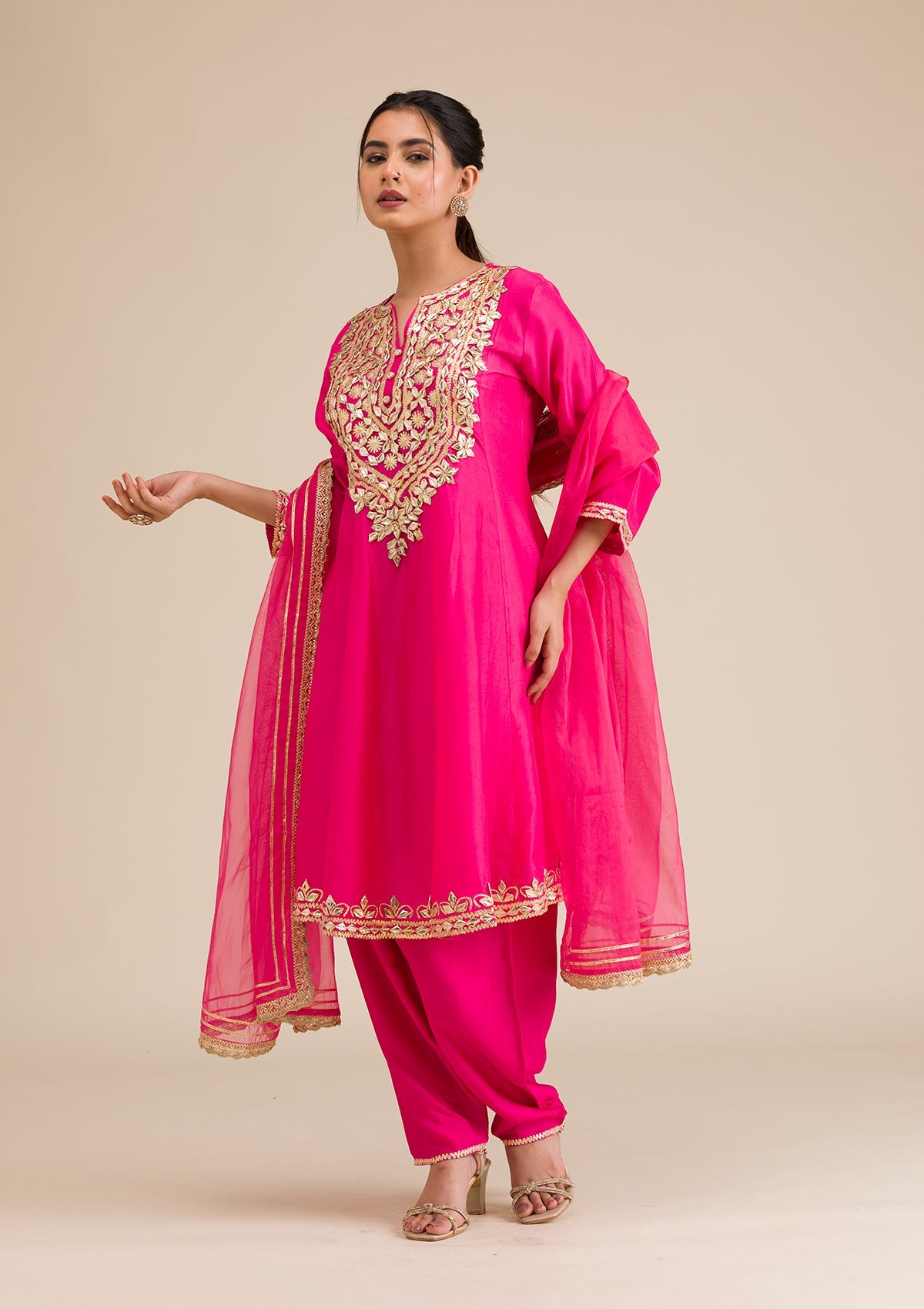 Rani Pink Zariwork Semi Crepe Readymade Salwar Suit-Koskii