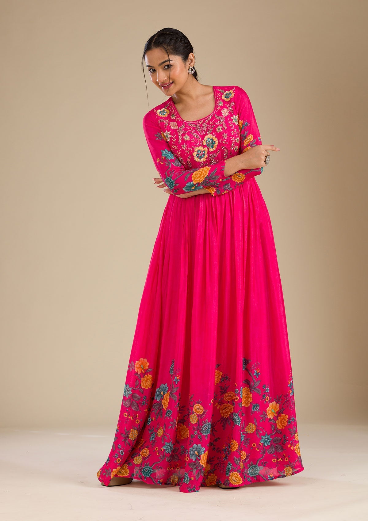 Rani Pink Zariwork Semi Crepe Readymade Salwar Suit-Koskii