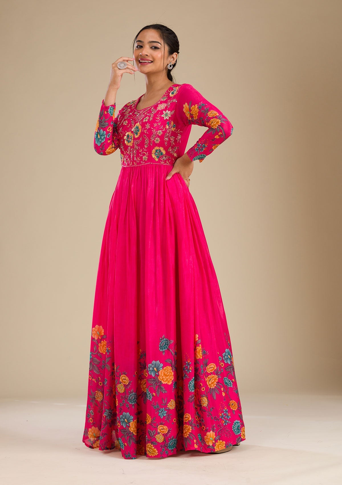 Rani Pink Zariwork Semi Crepe Readymade Salwar Suit-Koskii