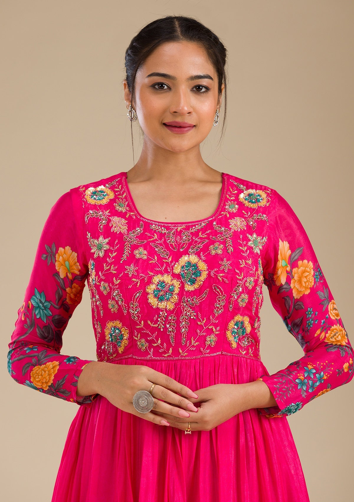 Rani Pink Zariwork Semi Crepe Readymade Salwar Suit-Koskii