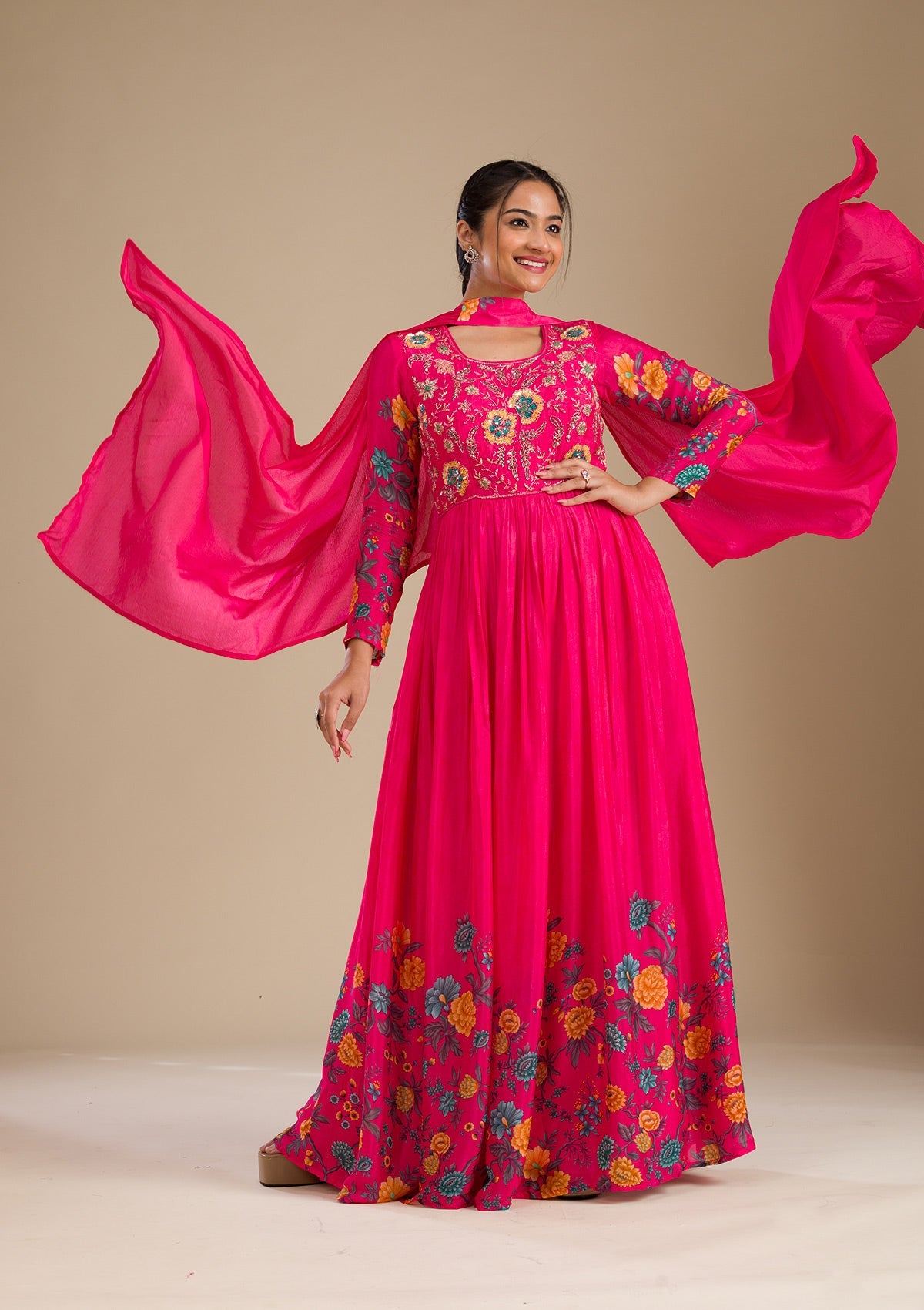 Rani Pink Zariwork Semi Crepe Readymade Salwar Suit-Koskii