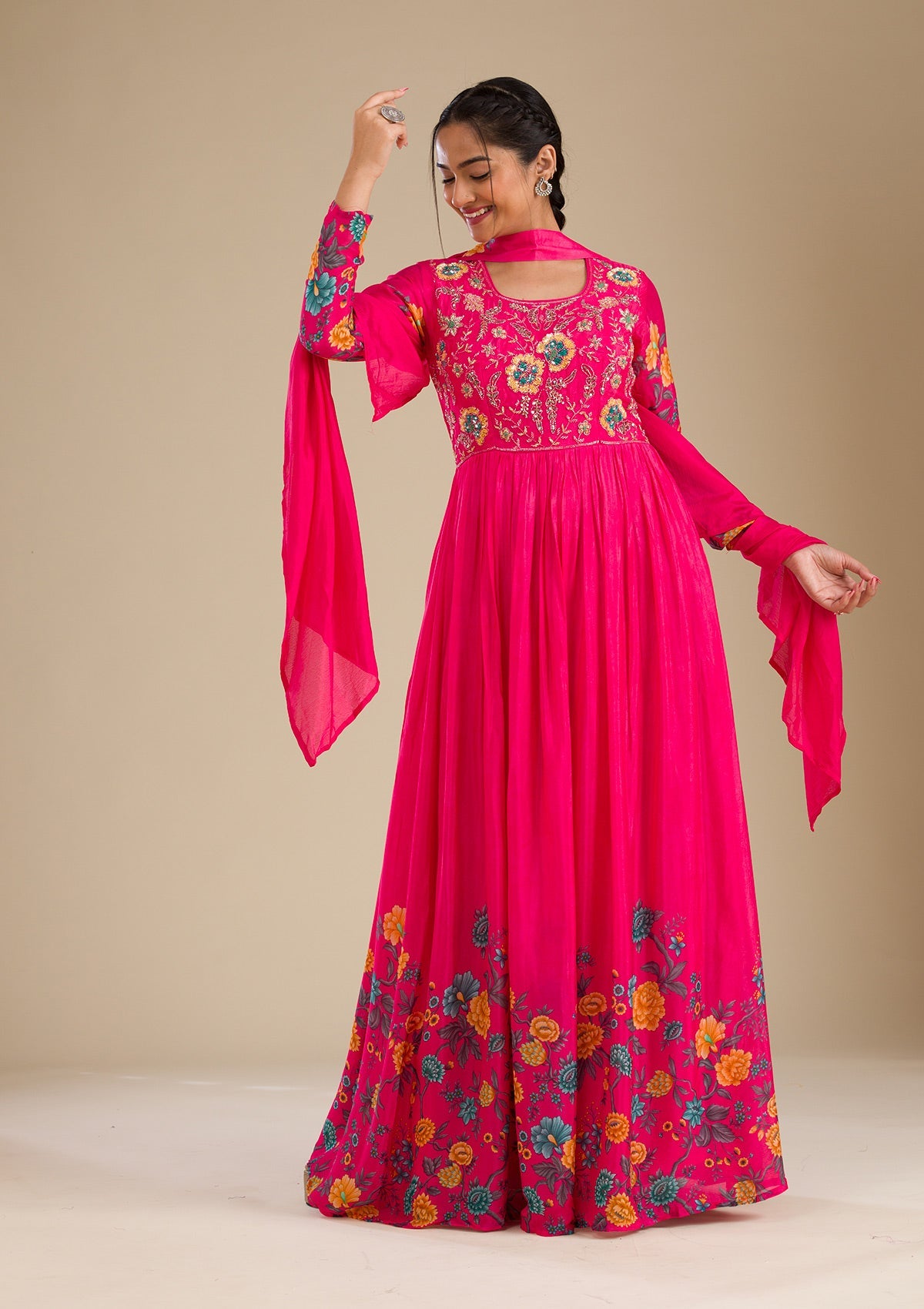 Rani Pink Zariwork Semi Crepe Readymade Salwar Suit-Koskii