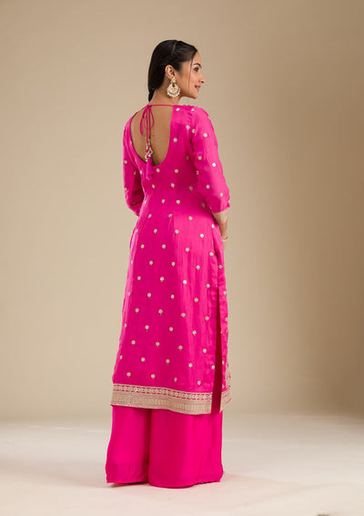 Rani Pink Zariwork Semi Crepe Readymade Salwar Suit-Koskii