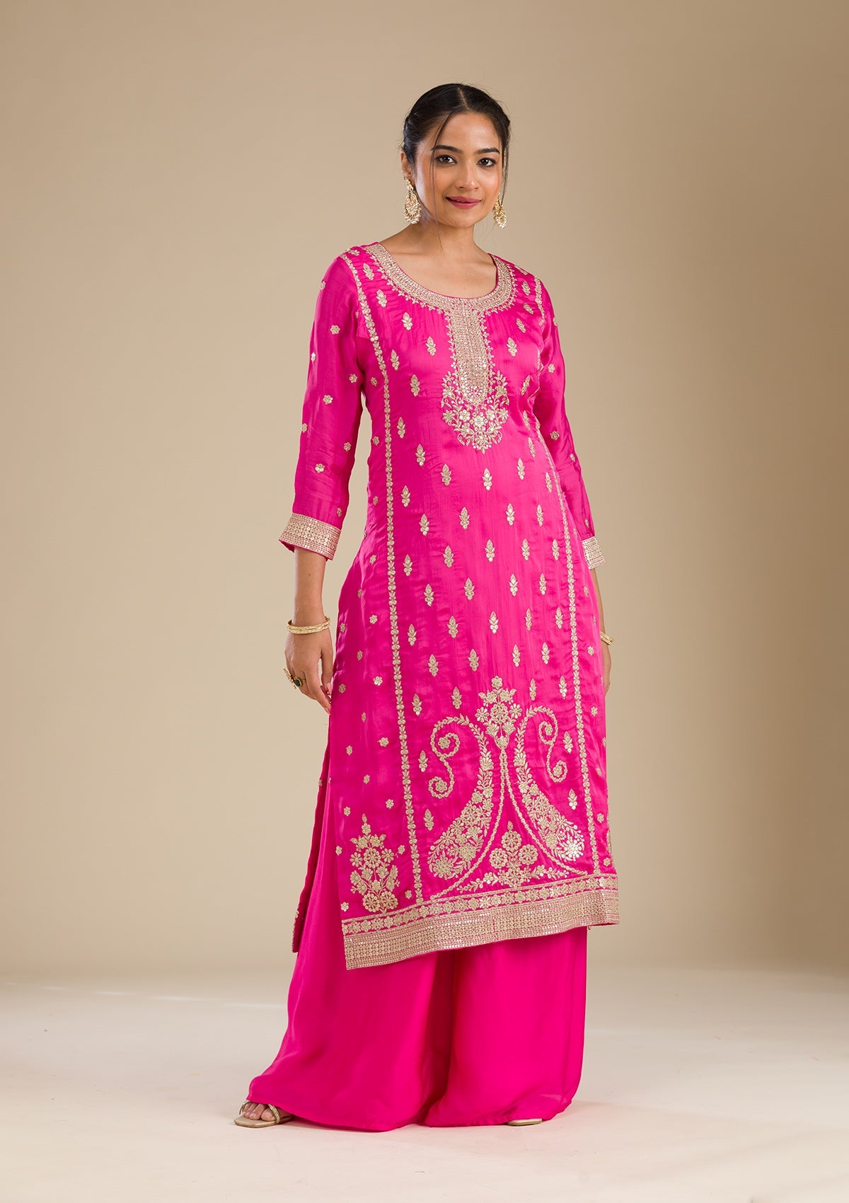 Rani Pink Zariwork Semi Crepe Readymade Salwar Suit-Koskii