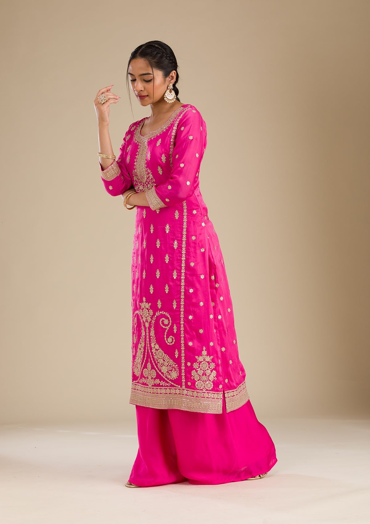 Rani Pink Zariwork Semi Crepe Readymade Salwar Suit-Koskii