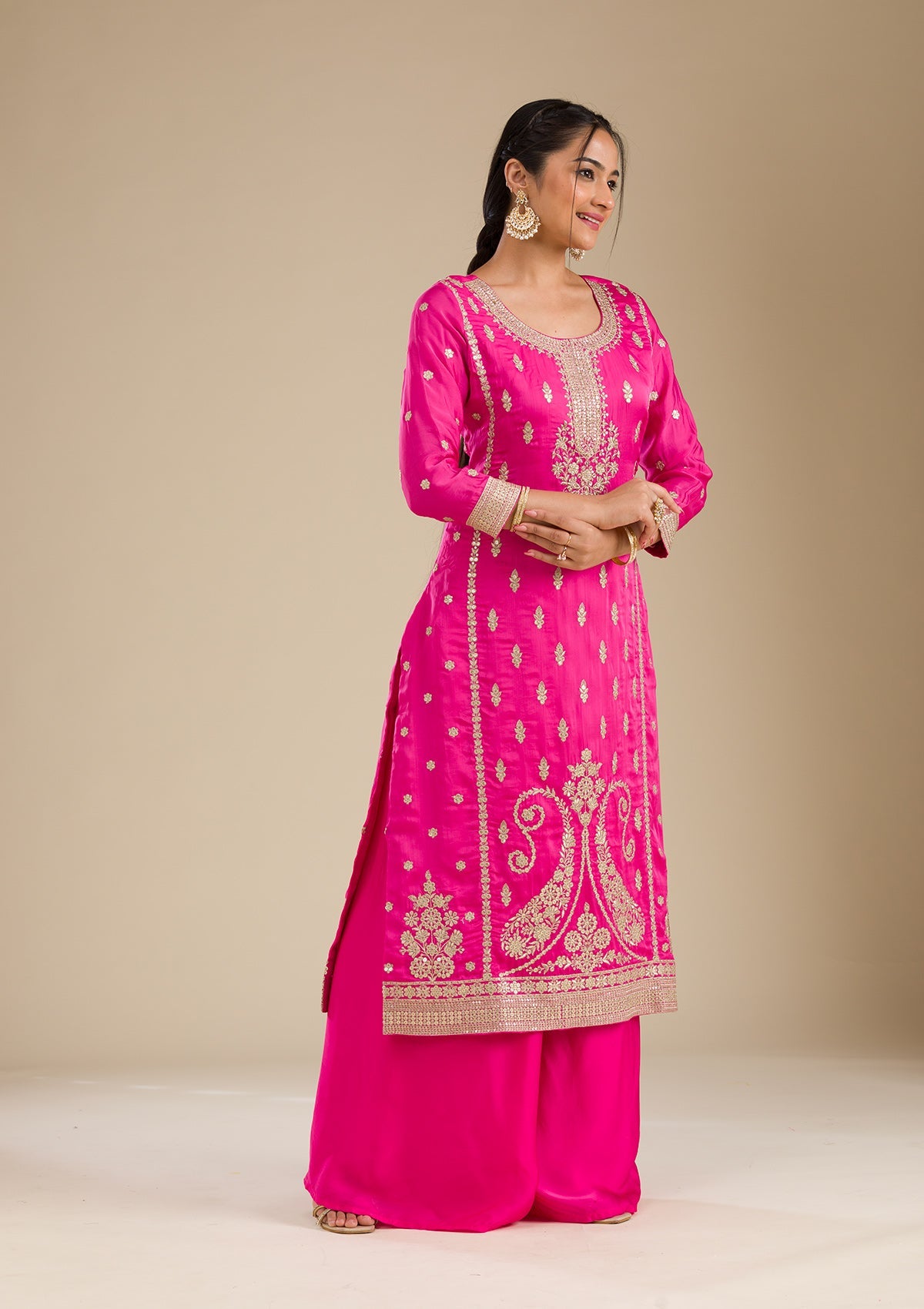 Rani Pink Zariwork Semi Crepe Readymade Salwar Suit-Koskii