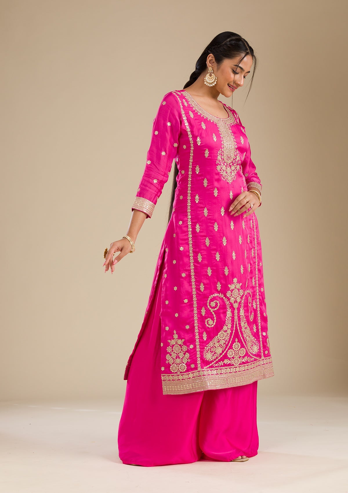 Rani Pink Zariwork Semi Crepe Readymade Salwar Suit-Koskii