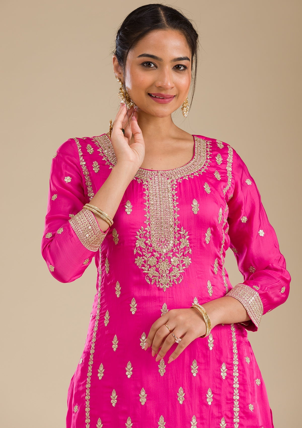 Rani Pink Zariwork Semi Crepe Readymade Salwar Suit-Koskii