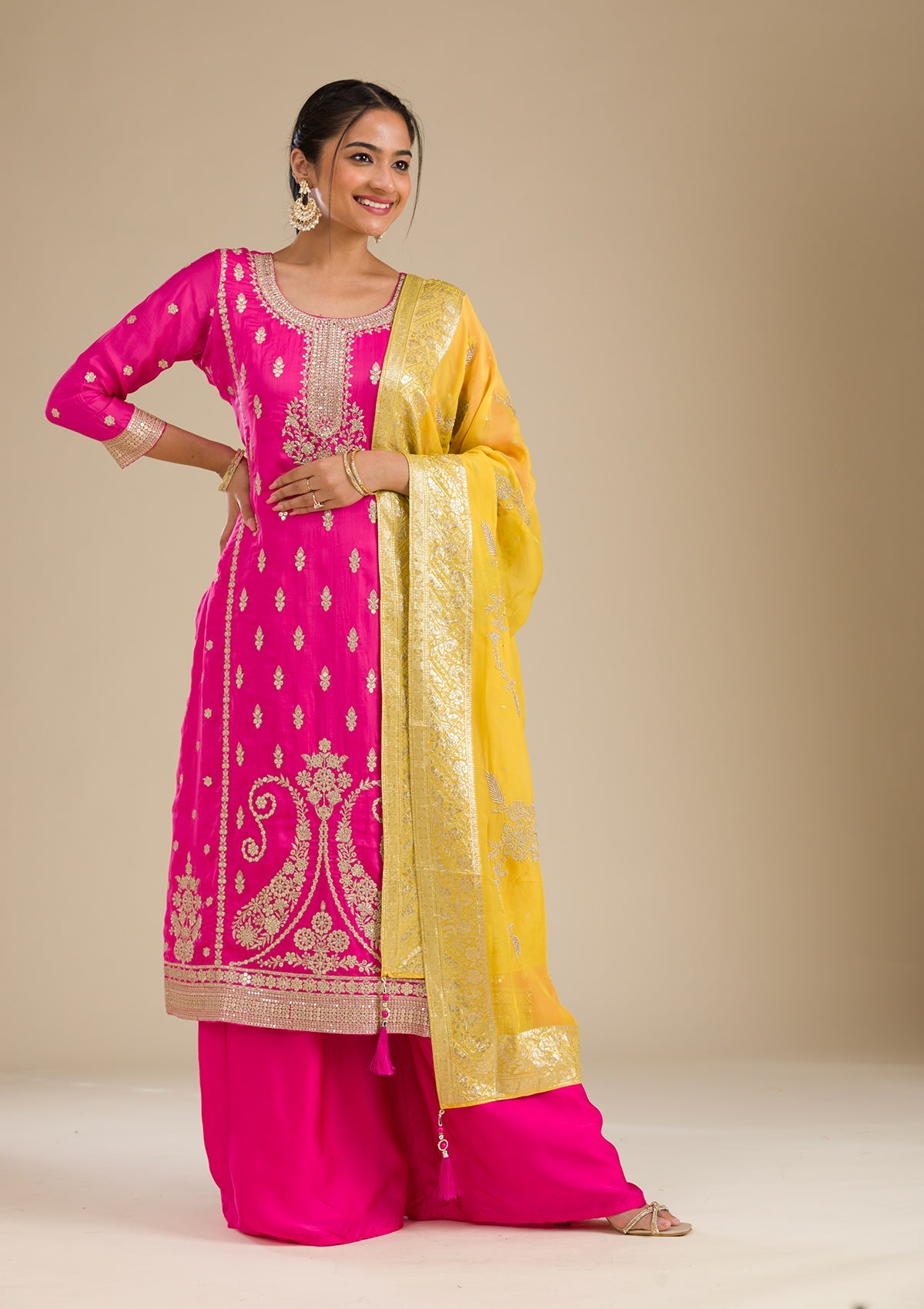 Rani Pink Zariwork Semi Crepe Readymade Salwar Suit-Koskii