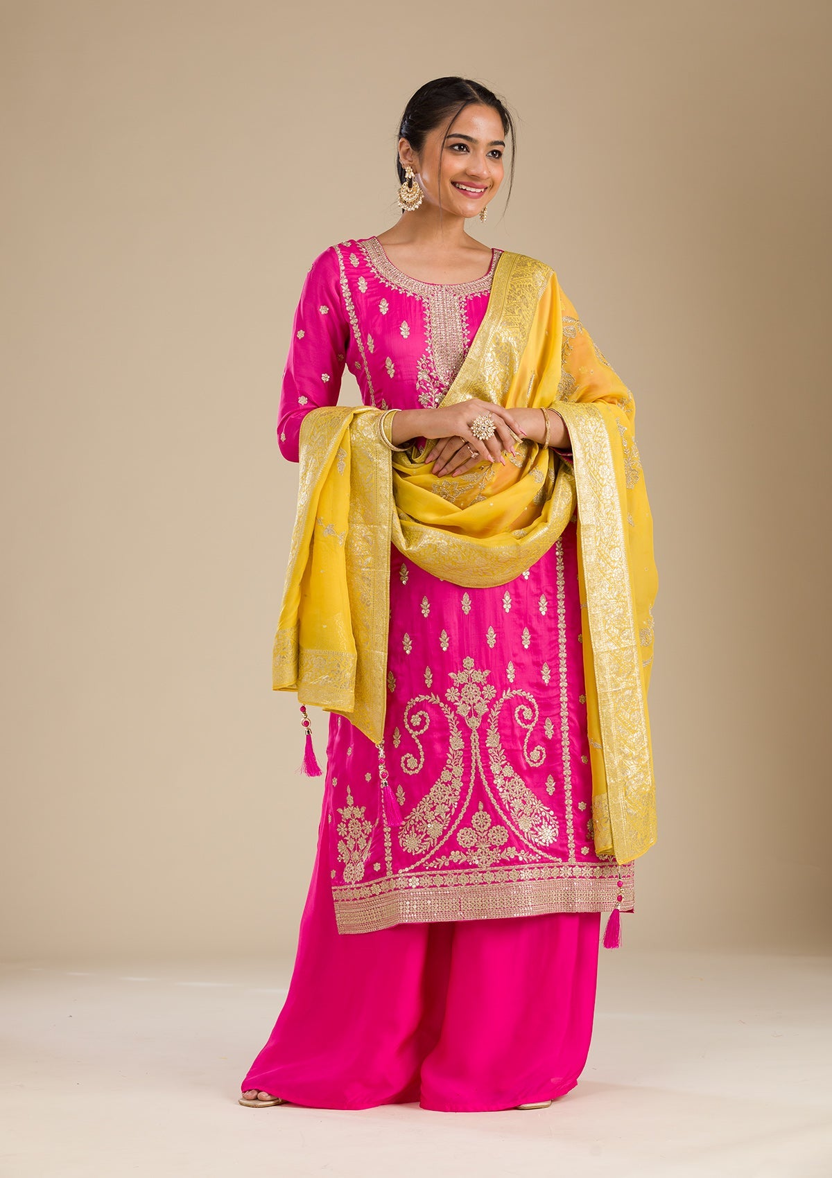 Rani Pink Zariwork Semi Crepe Readymade Salwar Suit-Koskii