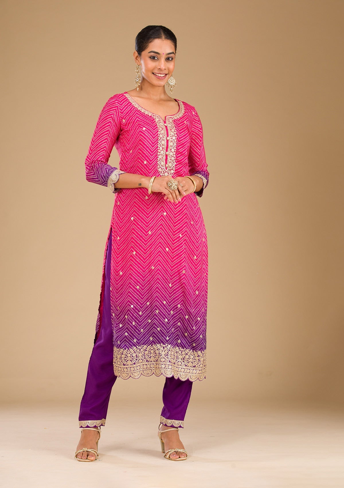 Rani Pink Zariwork Semi Crepe Readymade Salwar Suit-Koskii