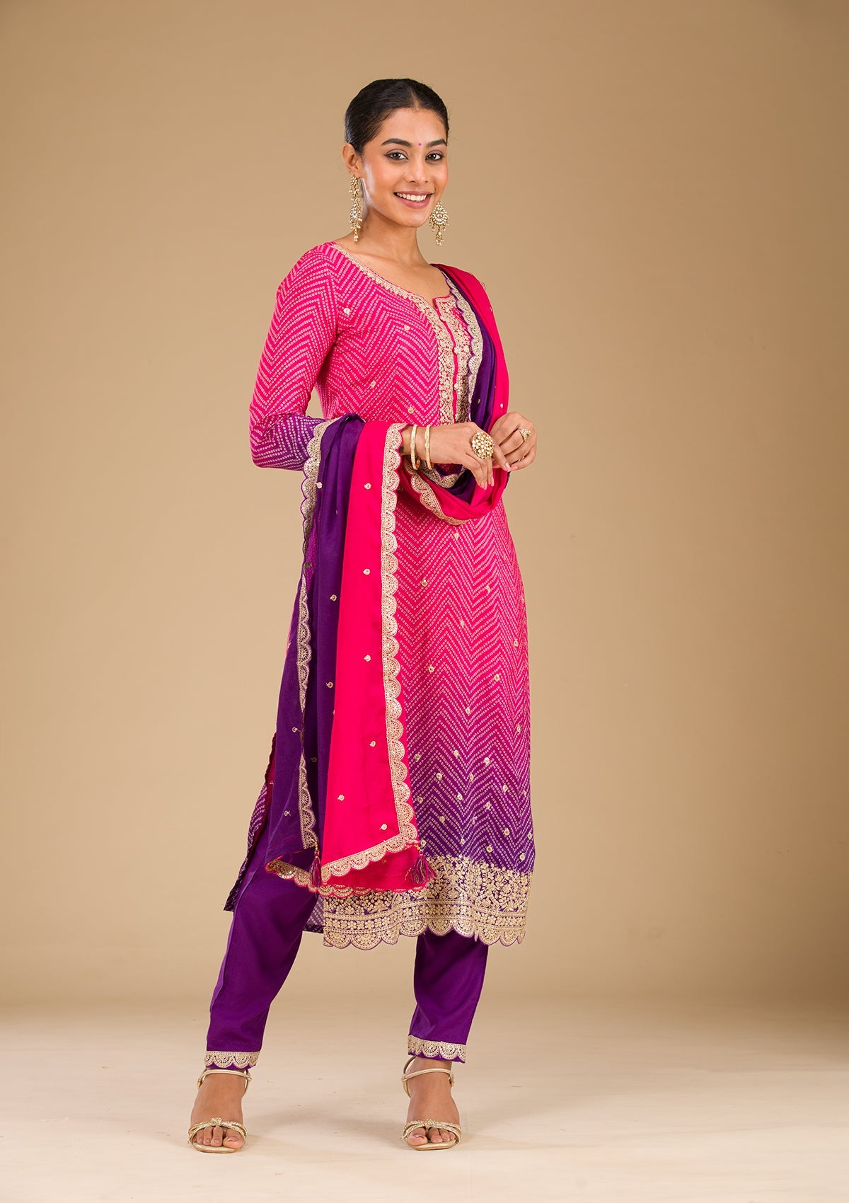 Rani Pink Zariwork Semi Crepe Readymade Salwar Suit-Koskii