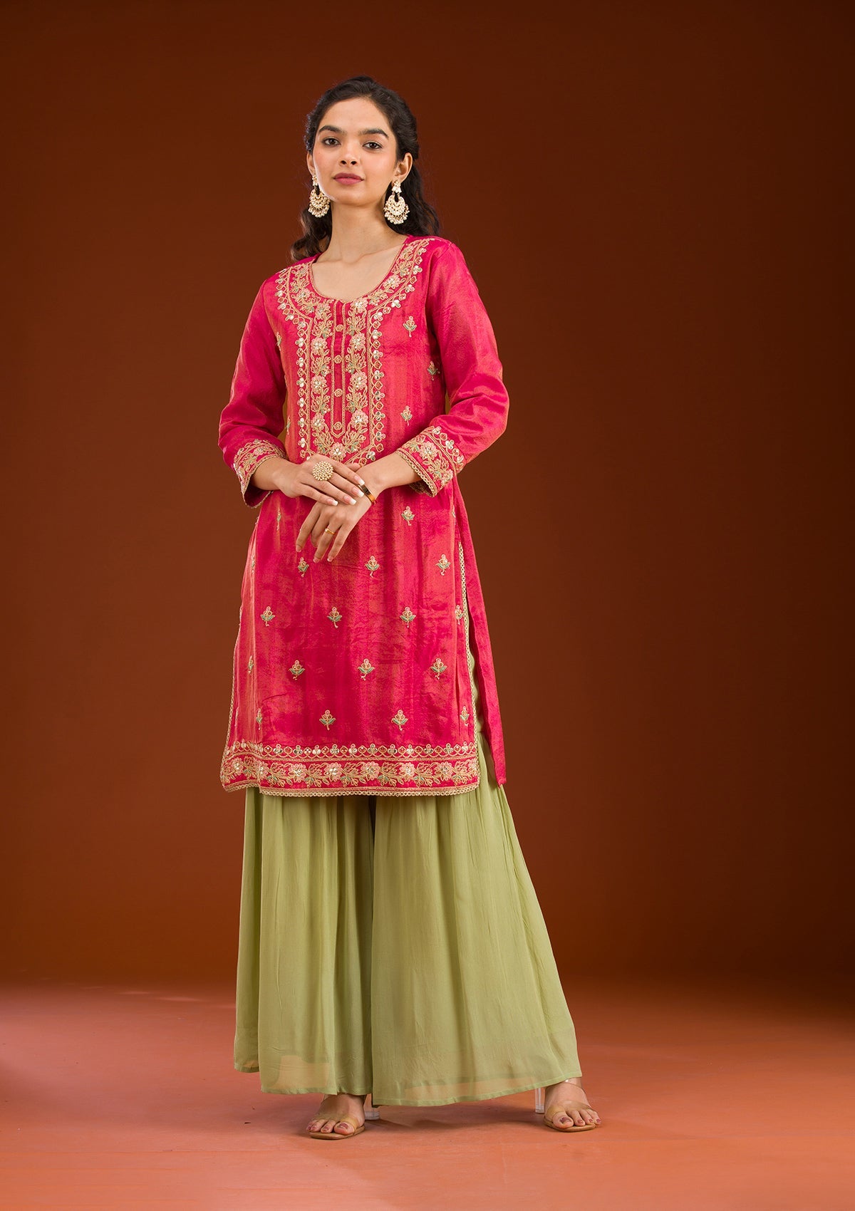 Rani Pink Zariwork Semi Crepe Readymade Salwar Suit-Koskii