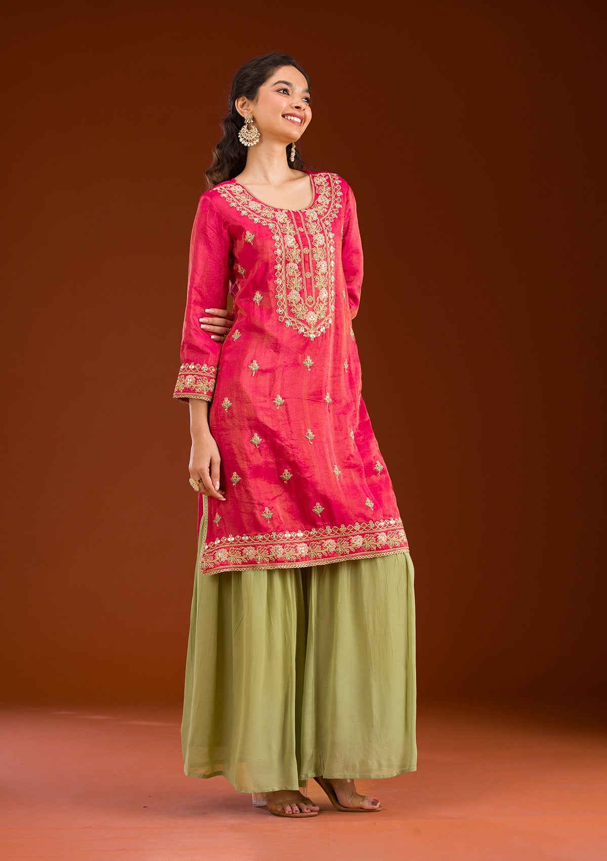 Rani Pink Zariwork Semi Crepe Readymade Salwar Suit