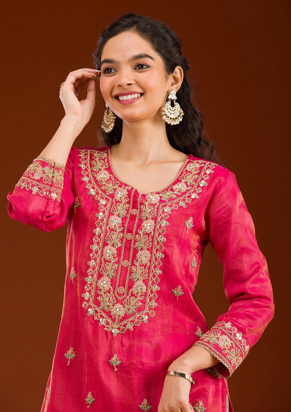 Rani Pink Zariwork Semi Crepe Readymade Salwar Suit-Koskii