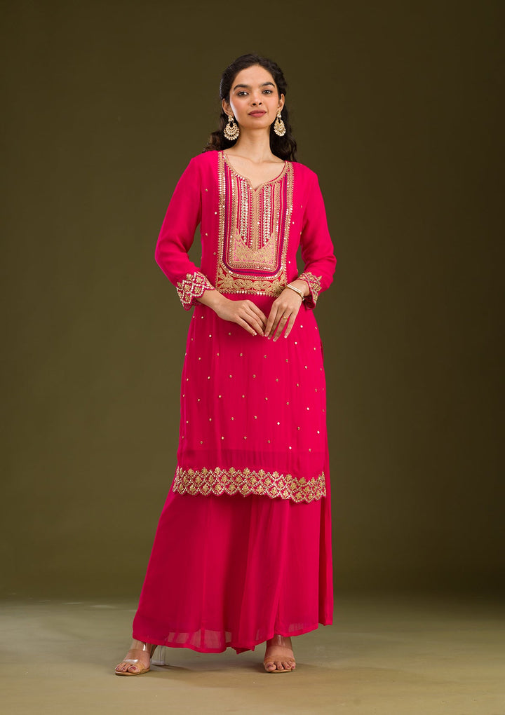 Rani Pink Zariwork Semi Crepe Readymade Salwar Suit-Koskii