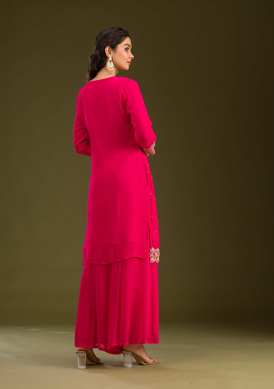 Rani Pink Zariwork Semi Crepe Readymade Salwar Suit-Koskii