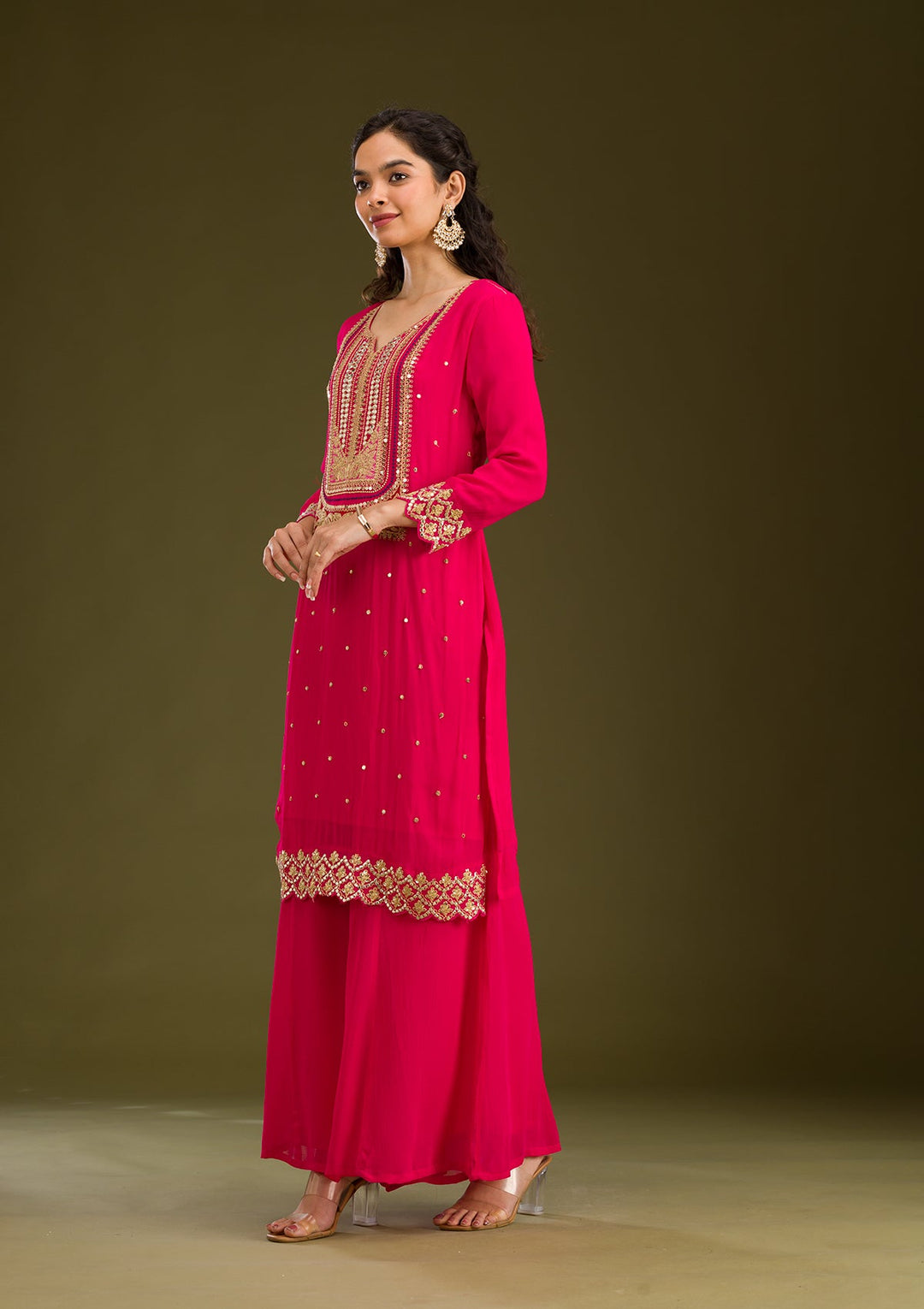 Rani Pink Zariwork Semi Crepe Readymade Salwar Suit