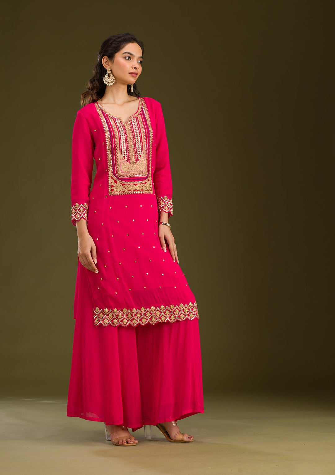 Rani Pink Zariwork Semi Crepe Readymade Salwar Suit