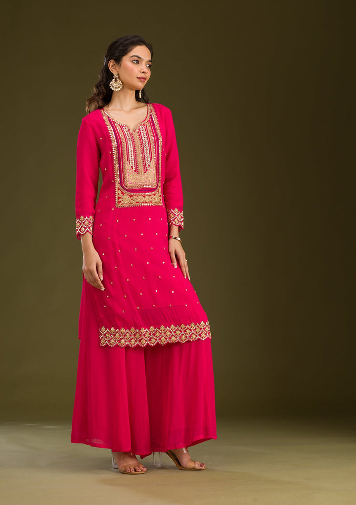 Rani Pink Zariwork Semi Crepe Readymade Salwar Suit