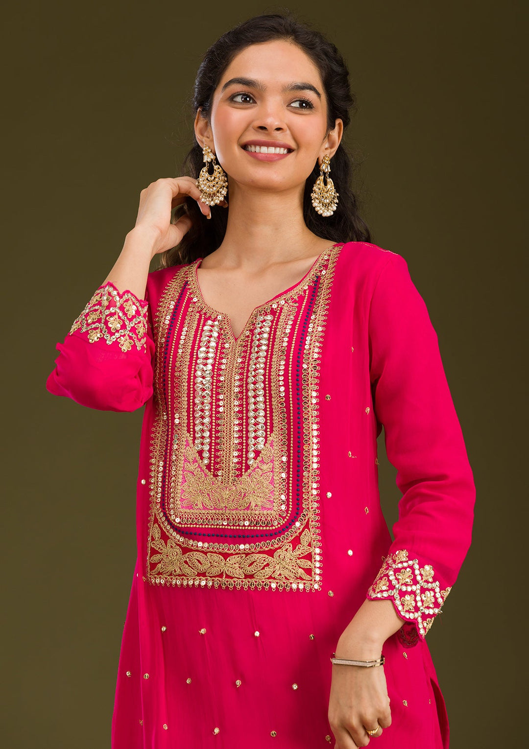 Rani Pink Zariwork Semi Crepe Readymade Salwar Suit