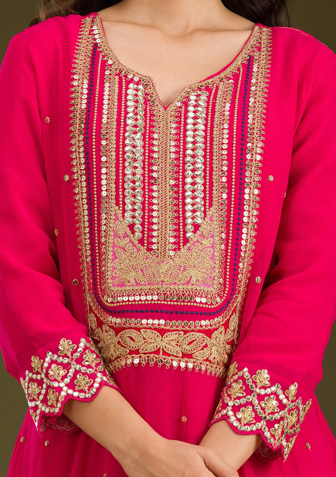 Rani Pink Zariwork Semi Crepe Readymade Salwar Suit-Koskii