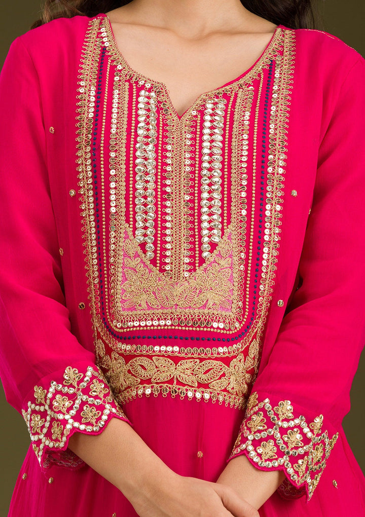 Rani Pink Zariwork Semi Crepe Readymade Salwar Suit-Koskii