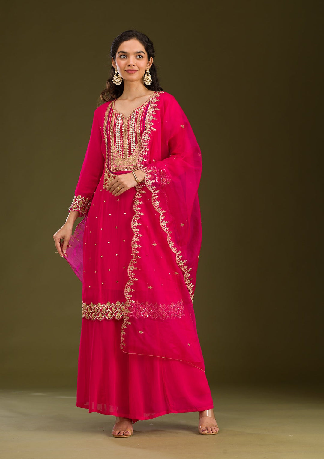 Rani Pink Zariwork Semi Crepe Readymade Salwar Suit
