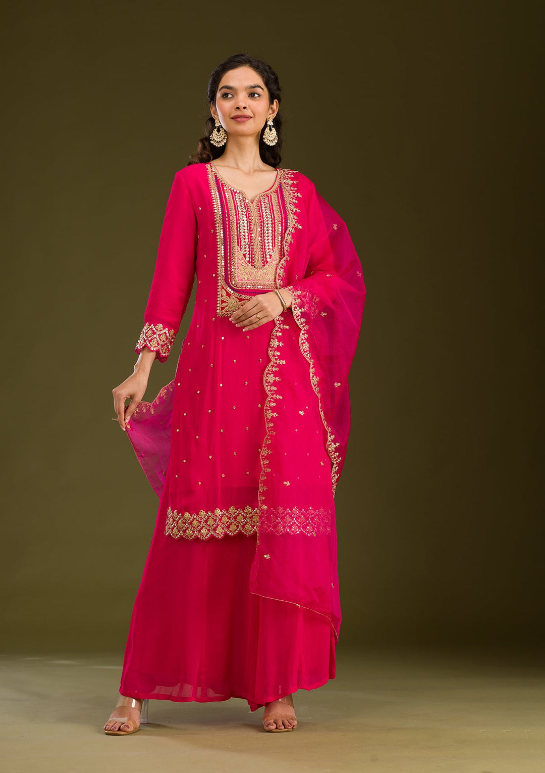 Rani Pink Zariwork Semi Crepe Readymade Salwar Suit