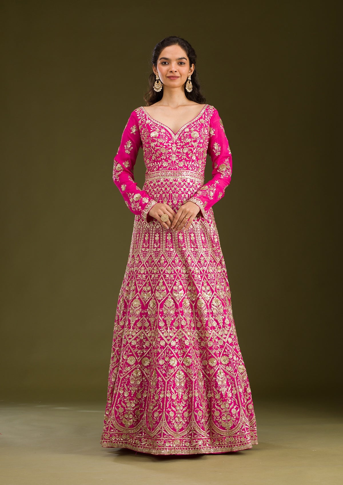 Rani Pink Zariwork Semi Crepe Readymade Salwar Suit