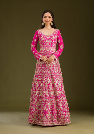 Rani Pink Zariwork Semi Crepe Readymade Salwar Suit