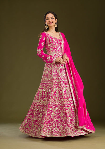 Rani Pink Zariwork Semi Crepe Readymade Salwar Suit-Koskii